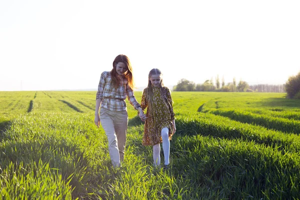 Family Happy Mother Daughter Walk Field Sunse — Stock Photo, Image