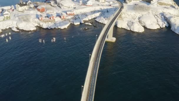 Winter Lofoten Shore Aerial View Flying Snowed Coast Traditional Red — Stock Video