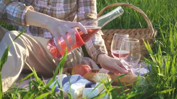 Picknickmand Met Het Eten Fles Wijn Een Grasveld — Stockvideo