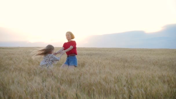 明るい夏の夜に小麦畑で楽しむ2人の笑顔の姉妹 — ストック動画