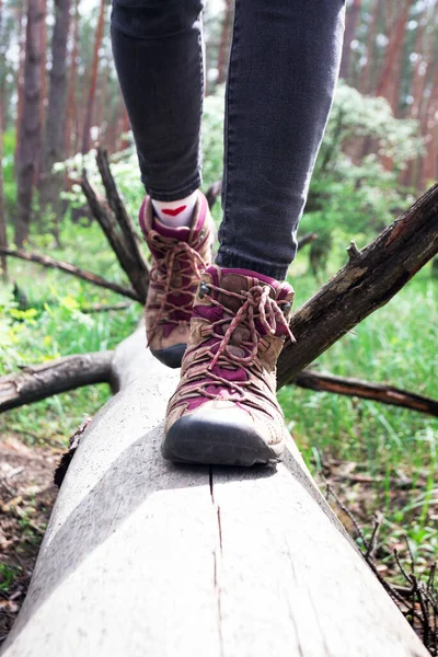 Hiking Boots Close Girl Tourist Steps Log Active Lifestyl — Stock Photo, Image