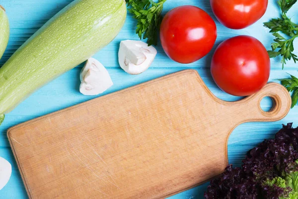 Healthy Eating Fresh Vegetables Blue Wooden Background Zucchini Mushrooms Tomatoes — Stock Photo, Image