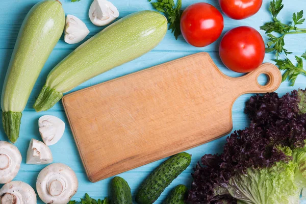 Healthy Eating Fresh Vegetables Blue Wooden Background Zucchini Mushrooms Tomatoes — Stock Photo, Image