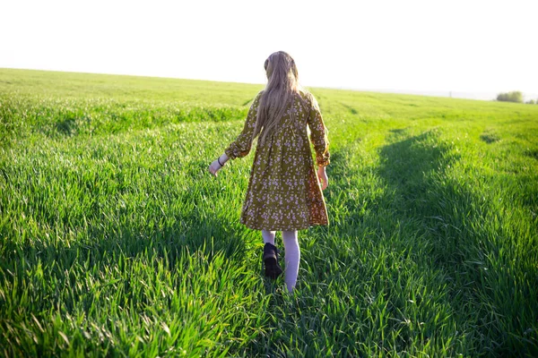 Ragazza Felice Gioiosa Passeggiata Nel Campo Verde Estate Freedo — Foto Stock