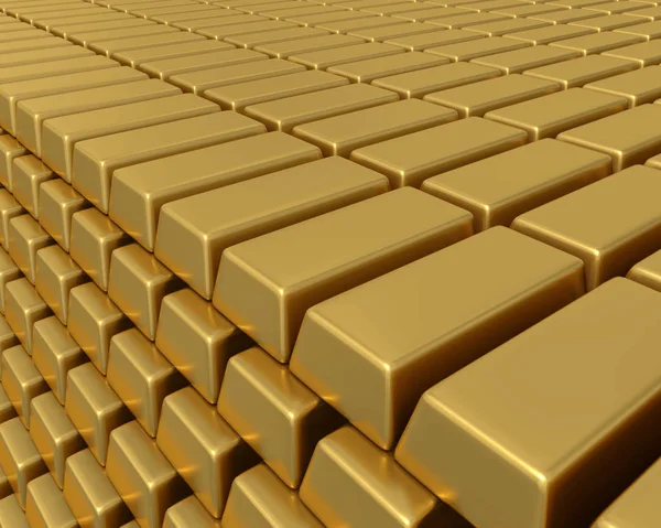 Miles de lingotes de oro apilados en alto — Foto de Stock