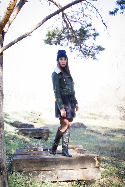 Chica joven con estilo en el parque de otoño — Foto de Stock