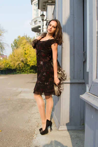 Portrait of a young girl on a background of an old wooden house — Stock Photo, Image