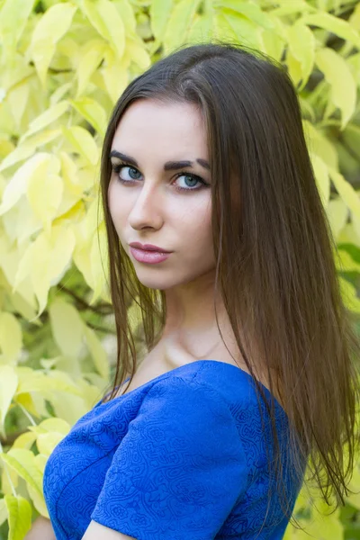 Jeune fille sur un fond de feuilles d'automne jaunes — Photo