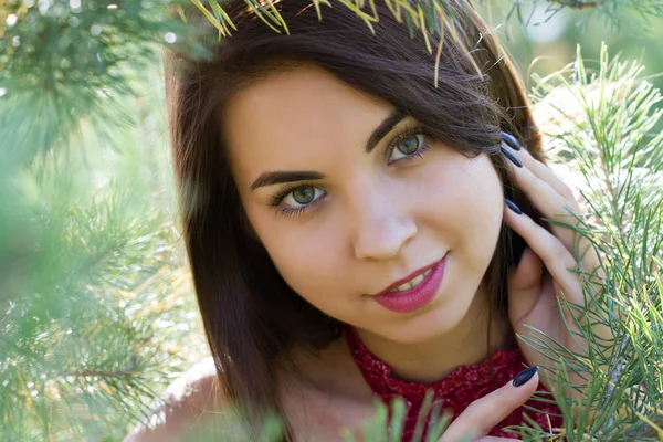 Chica joven en el bosque de coníferas — Foto de Stock