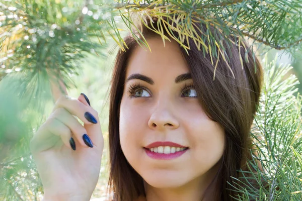 Chica joven en el bosque de coníferas — Foto de Stock