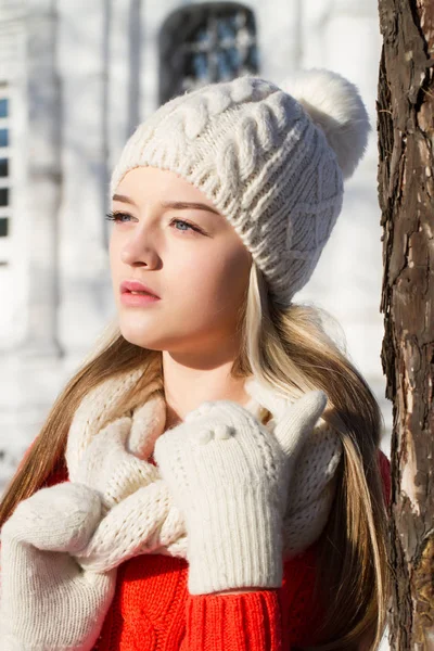 Chica joven en un sombrero de punto y bufanda. Retrato de invierno —  Fotos de Stock