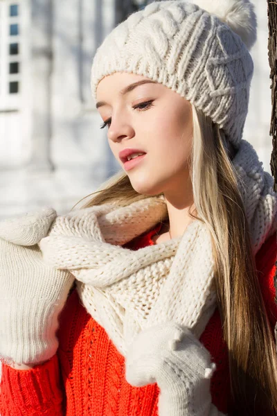 Ung flicka i en Stickad mössa och halsduk. Vinter porträtt — Stockfoto