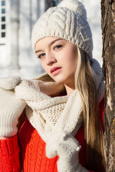 Chica joven en un sombrero de punto y bufanda. Retrato de invierno —  Fotos de Stock