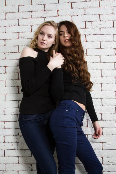 Brunette et la blonde sur le fond de mur de briques — Photo