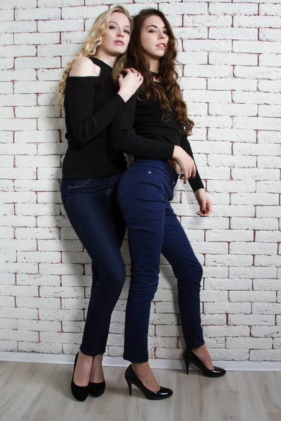 Brunette and the blonde on the background of brick wall — Stock Photo, Image