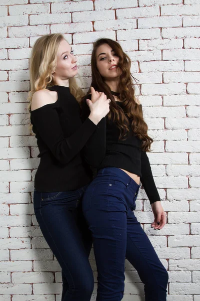 Brunette and the blonde on the background of brick wall — Stock Photo, Image