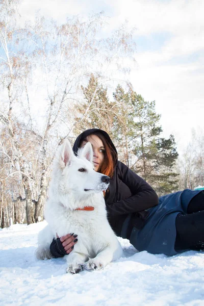 Κορίτσι με ένα λευκό σκυλί ποιμένων ξαπλωμένη στο χιόνι — Φωτογραφία Αρχείου