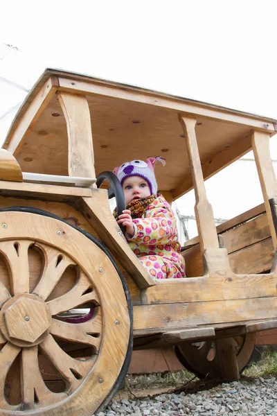 Niño feliz conduciendo un coche de madera —  Fotos de Stock