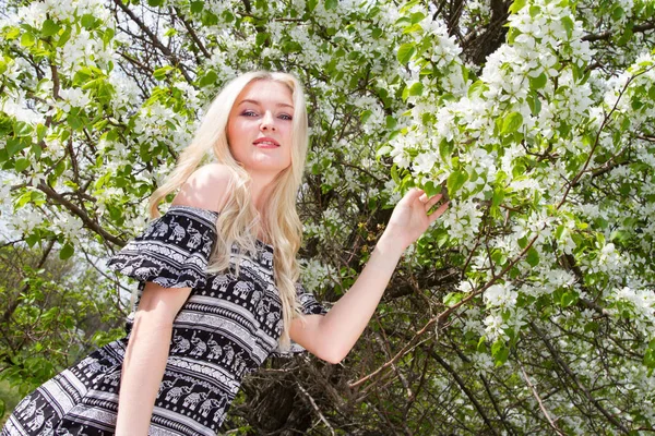 Joven rubia en un jardín sobre un fondo de árboles florecientes —  Fotos de Stock