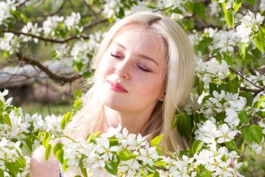 Sarışın bir çiçek açması armut dallar arasında