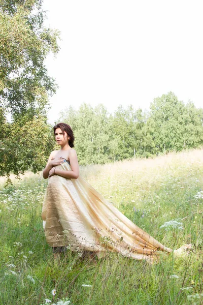 Chica entre hierbas altas y flores silvestres en un vestido de noche largo —  Fotos de Stock