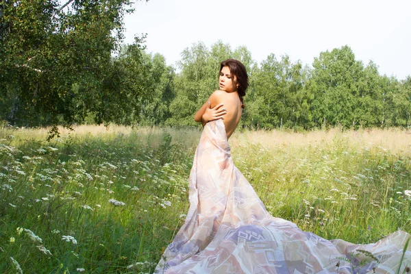 Girl among tall herbs and wildflowers in a long evening dress — Stock Photo, Image