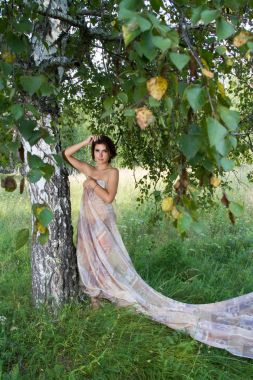 Kız uzun boylu otlar ve uzun bir gece elbisesi içinde kır çiçekleri arasında