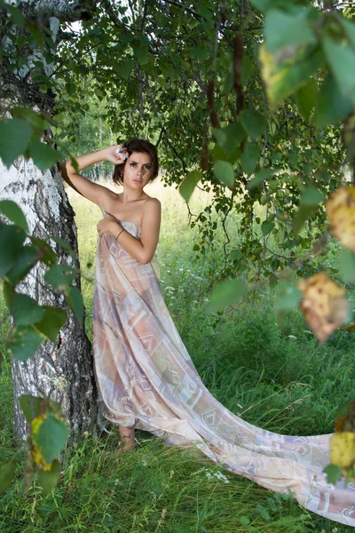 Ragazza tra erbe alte e fiori di campo in un abito da sera lungo — Foto Stock