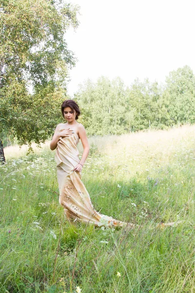 Kır çiçekleri arasında uzun elbiseli Genç kız