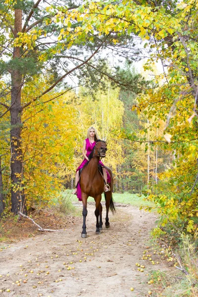 Girl on horse in autumn forest. — Stock Photo, Image