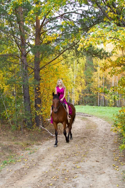 Mädchen auf Pferd im Herbstwald. — Stockfoto