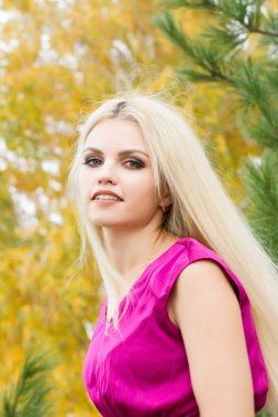 Sarı sonbahar yaprakları çerçevede bir parlak elbiseli genç sarışın