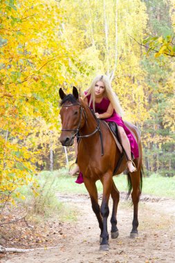 Bir binicilik sonbahar ormanda sarışın