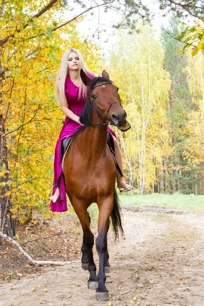 Bir binicilik sonbahar ormanda sarışın