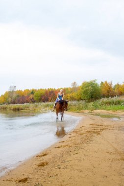Binici havuz kenarı boyunca sırtında atlar.