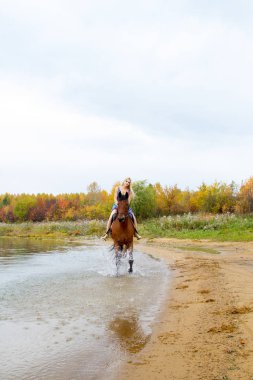 Binici havuz kenarı boyunca sırtında atlar.