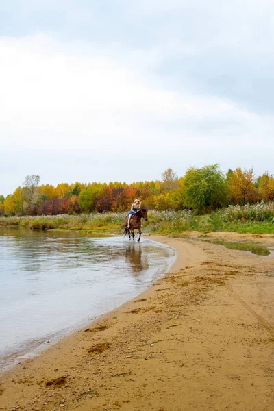 Binici havuz kenarı boyunca sırtında atlar.