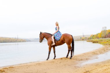 Genç sarışın bir binicilik Körfezi kıyı atlar