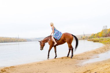 Genç sarışın bir binicilik Körfezi kıyı atlar