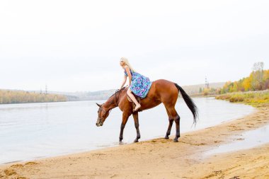 Genç sarışın bir binicilik Körfezi kıyı atlar