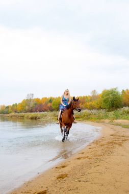 Genç sarışın bir binicilik Körfezi kıyı atlar
