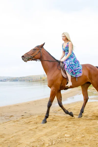 Junge Blondine reitet Pferd springt am Ufer der Bucht entlang — Stockfoto