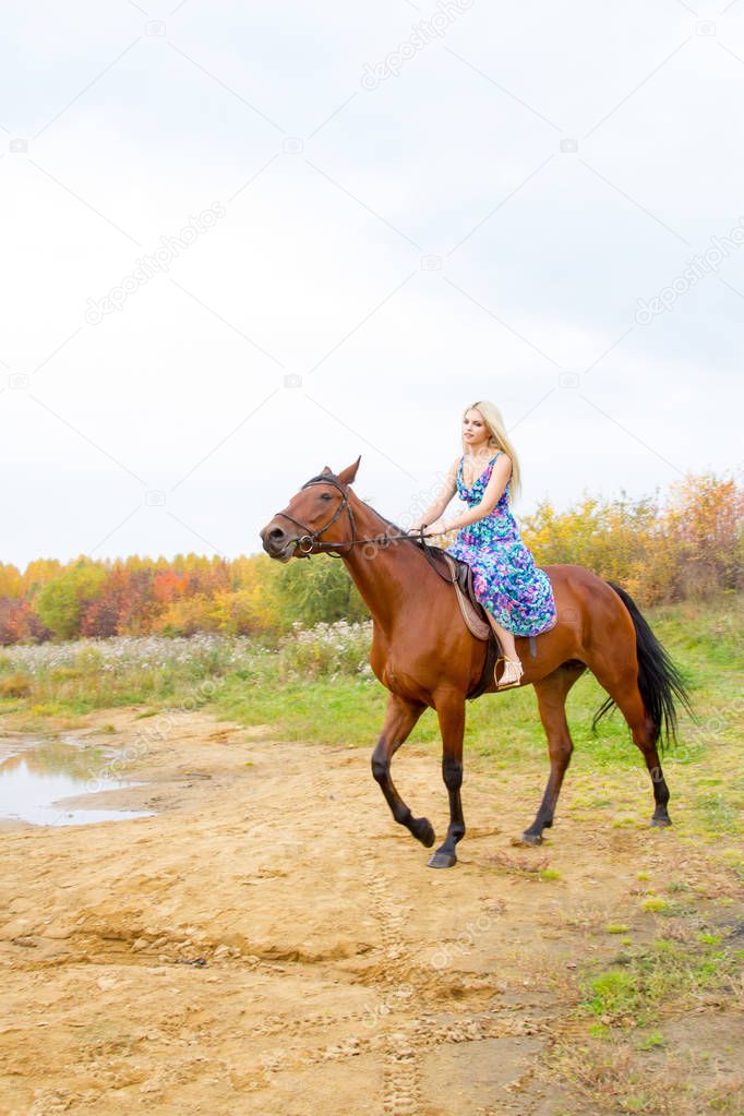 Young blonde riding a horse jumps along the shore of the bay