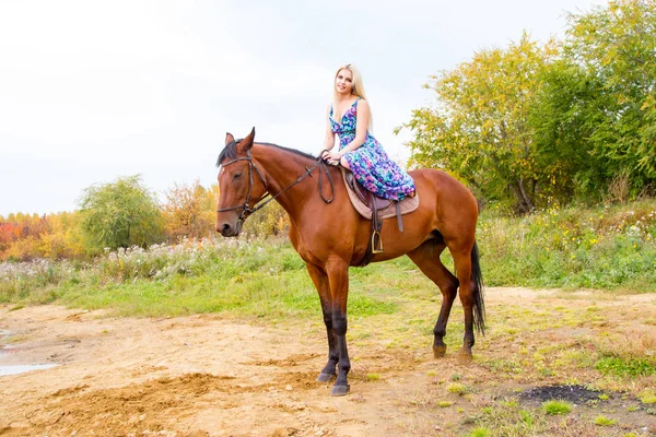 Jovem loira montando um cavalo pula ao longo da costa da baía — Fotografia de Stock