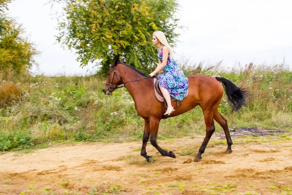 Joven rubia montando un caballo salta a lo largo de la orilla de la bahía —  Fotos de Stock