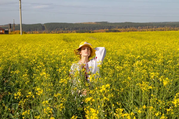 Girl in an embroidered shirt among the blooming field — Stock Photo, Image