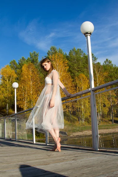 Молодая девушка в прозрачном белом платье на берегу живописного пруда — стоковое фото