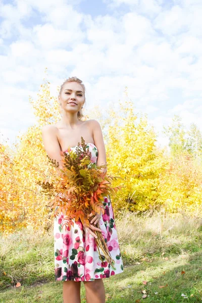 Mince jeune fille promenades dans la forêt d'automne — Photo