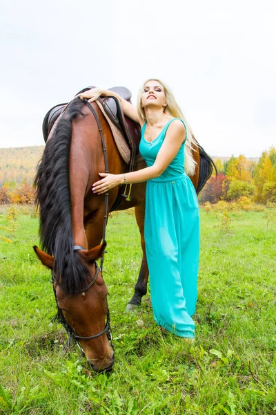 Girl with a horse walking in an autumn forest Stock Image
