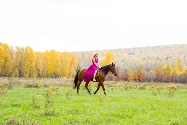 女孩与一匹马走在一个秋天的树林 — 图库照片